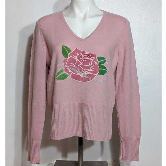 Cashmere Painted Flower Rose Beads Button Sweater - Picture 1 of 5